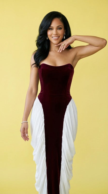 Strapless Velvet & Chiffon Contrast Gown BURGUNDY 25078181_4a7982c5-203e-472d-beeb-01e1b98e833e