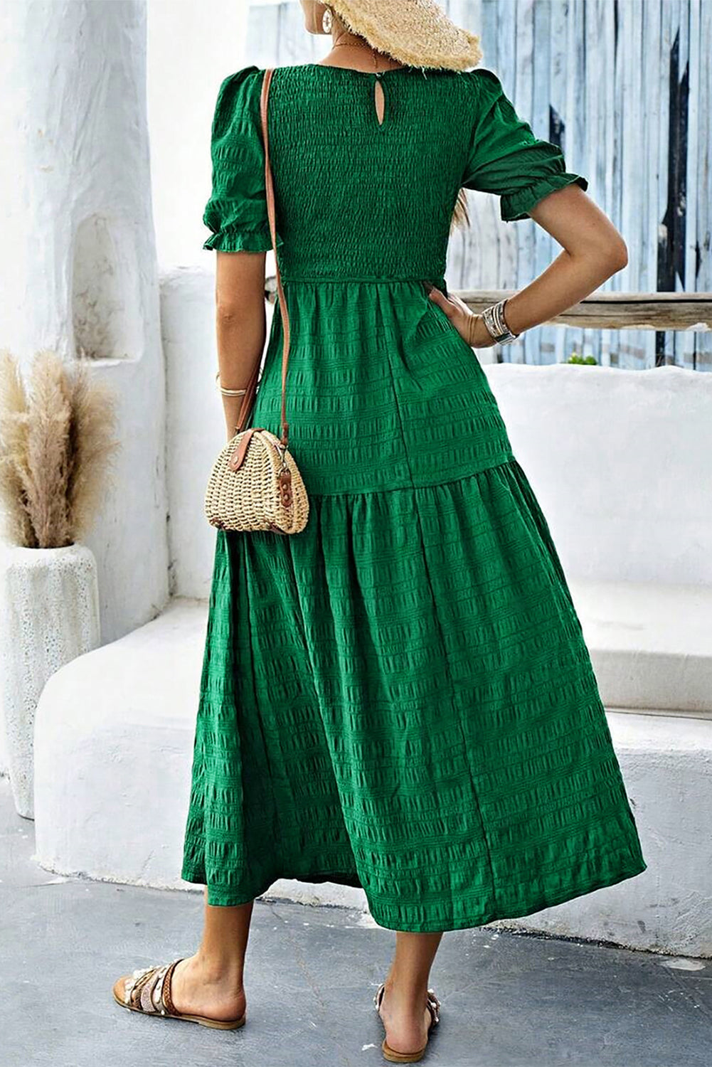 Sail Blue Solid Textured Smocked High Waist Midi Dress 2507fad44c4adf88
