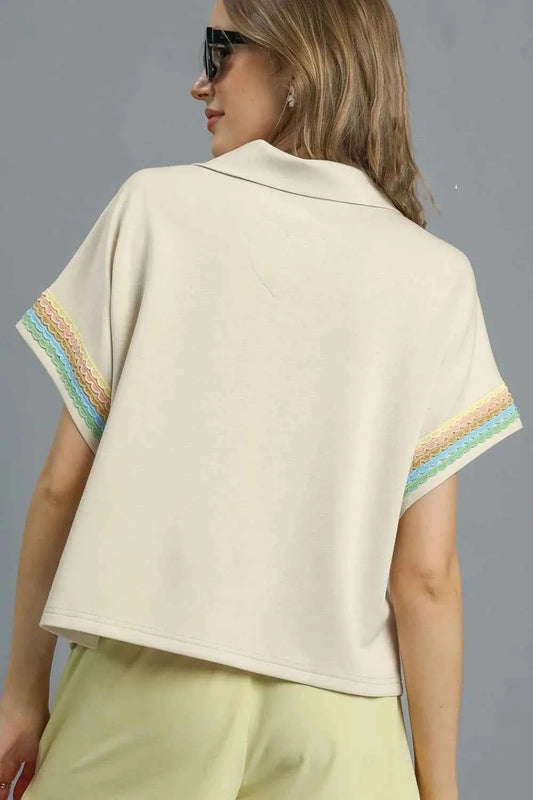 Contrast Trim Half Zip Collared Blouse 2508c13c-c61c-448c-a975-25b9c2b08d68-Max-Origin