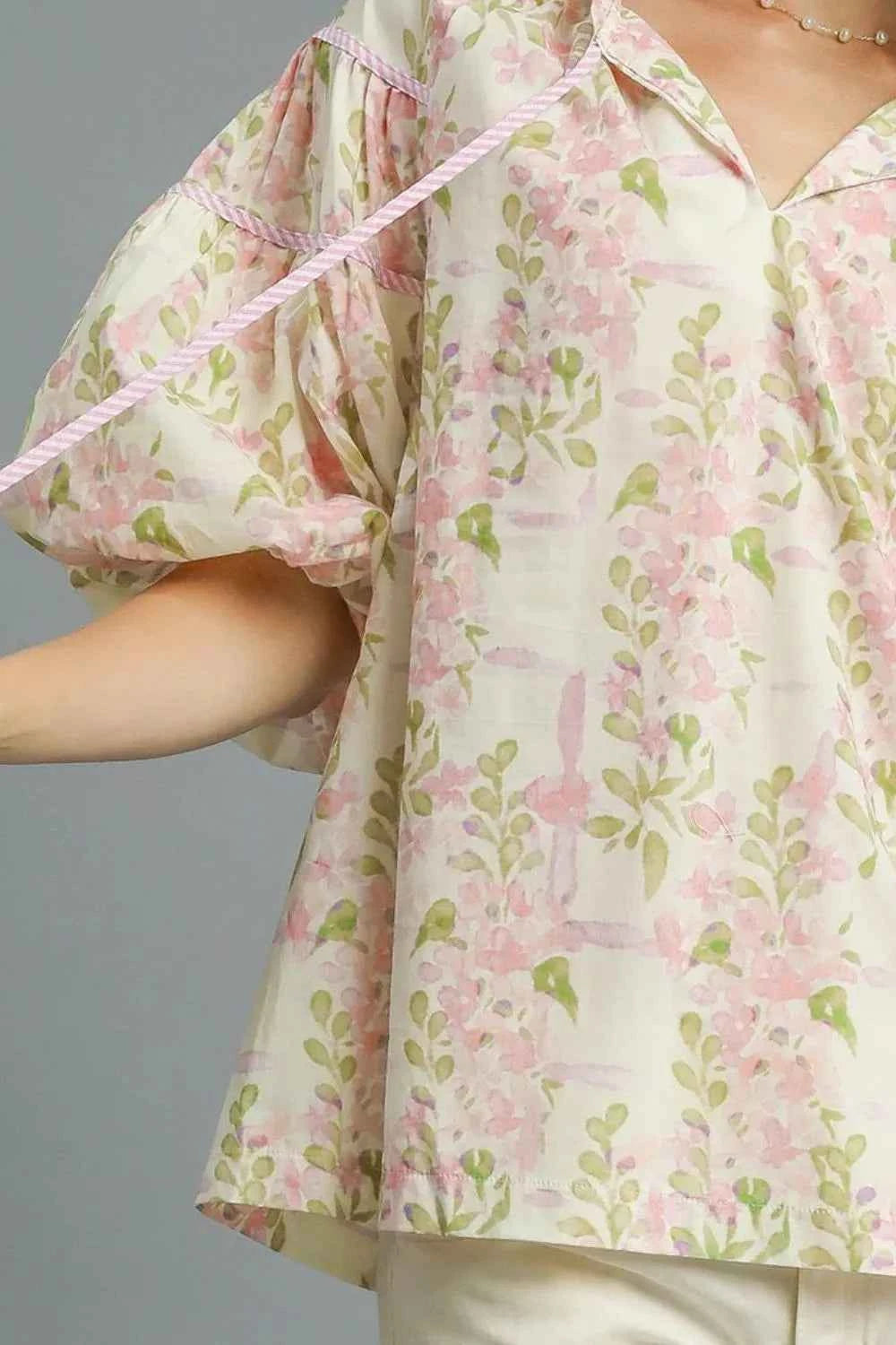 Umgee Floral Print Puff Sleeve Tie Neck Blouse 2509c4d0-8c67-4c21-a79b-0be104e7c4d5-Max-Origin
