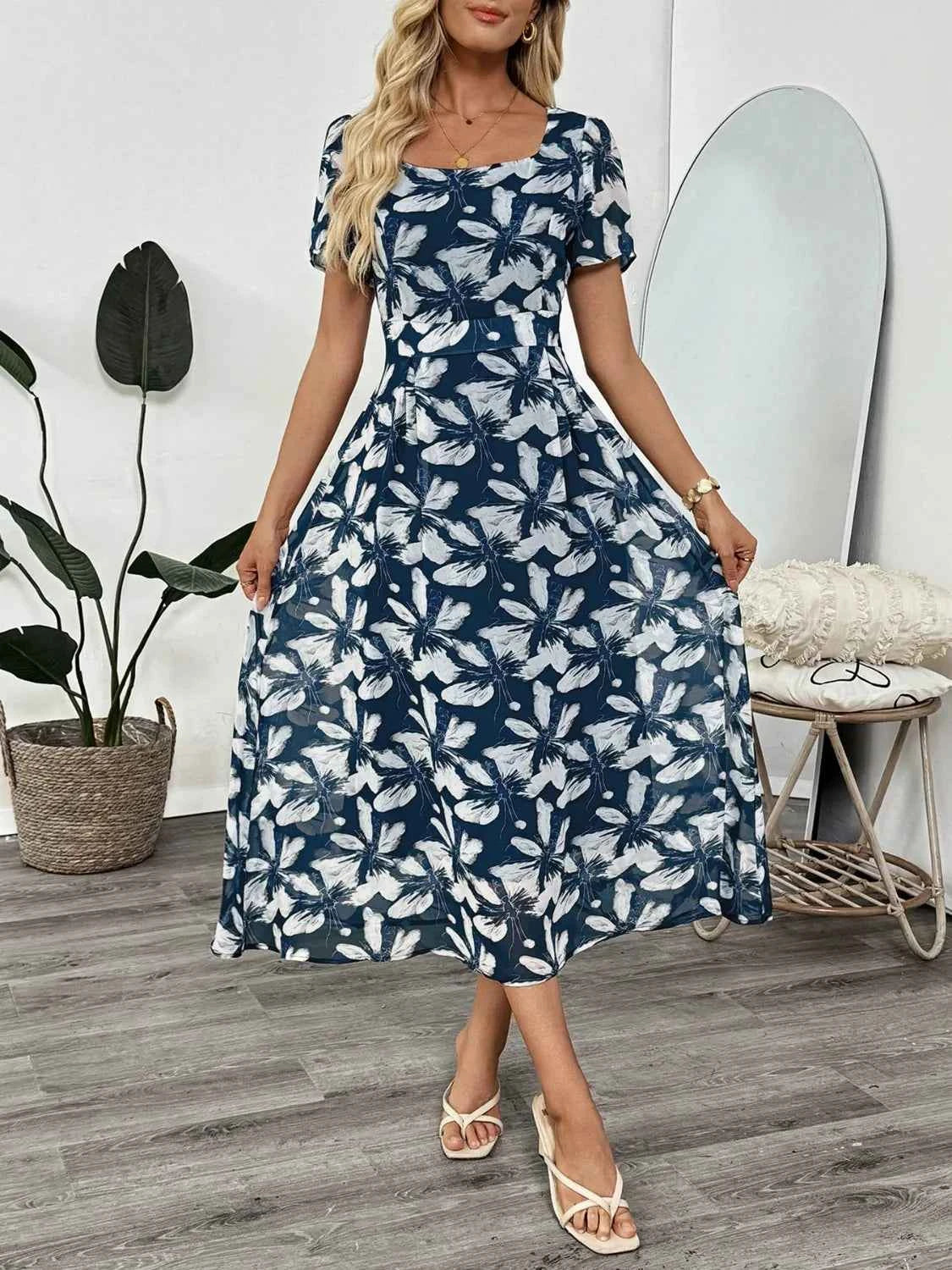 Printed Square Neck Midi Dress Dusty Blue 250c87d1-c962-4526-a182-e4411ce53aa9-Max-Origin