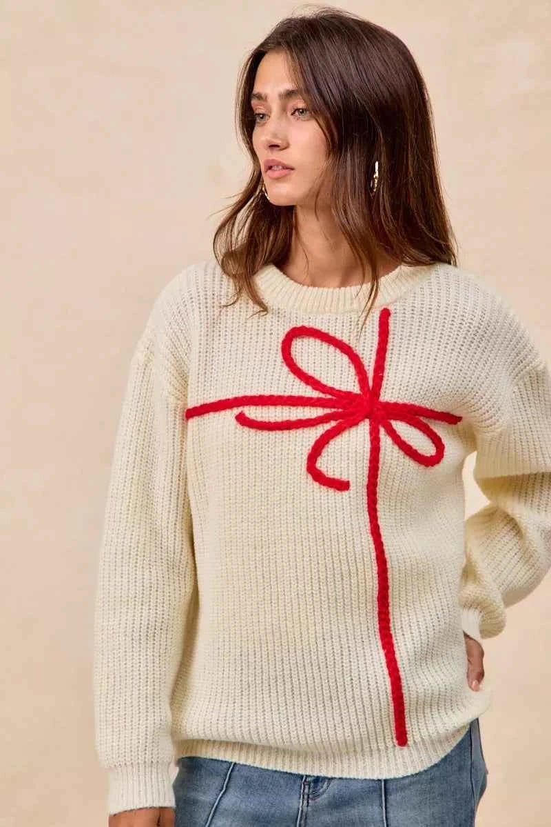 BiBi Christmas Ribbon Bow Embroidery Sweater 250d4b89341f459ea3ed9e54768b9ae1-Max-Origin