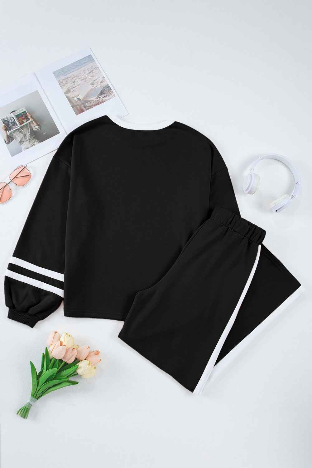 Mineral Red Varsity Stripe Patchwork Puff Sleeve Pullover Drawstring Wide Leg Pant Set 25158df690b44df9