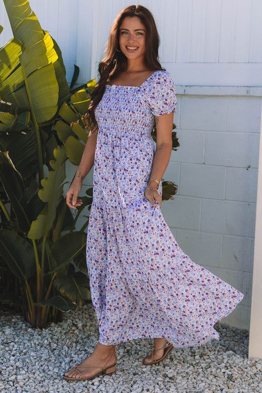 Purple Floral Short Bubble Sleeve Shirred High Waist Maxi Dress 251b4fae03cfbd02