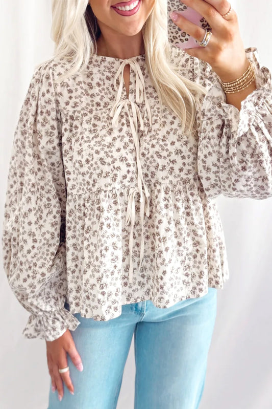 White Bow Tie Front Floral Print Flounce Sleeve Peplum Blouse White 50%Viscose+50%Cotton 251c30fd6922ea7b
