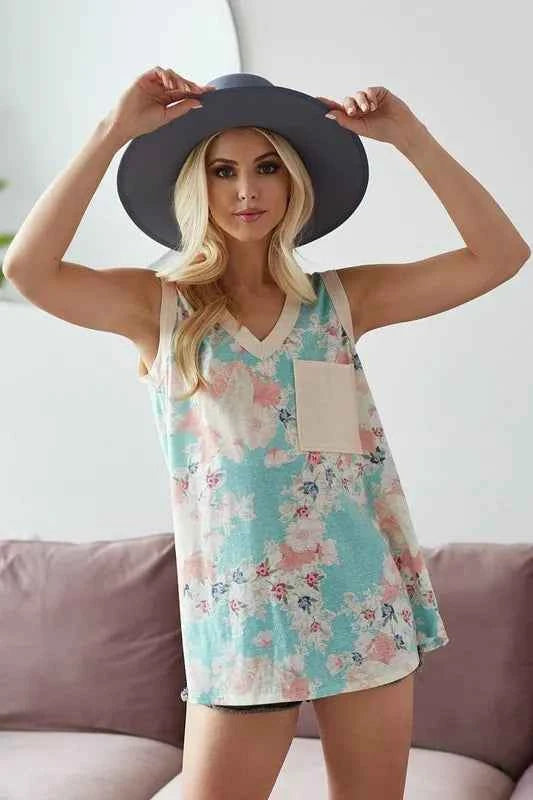 BiBi Multi Color Flower Printed Tank with Contrast Band 251cc289a41c430891bc25f3ae880853-Max-Origin