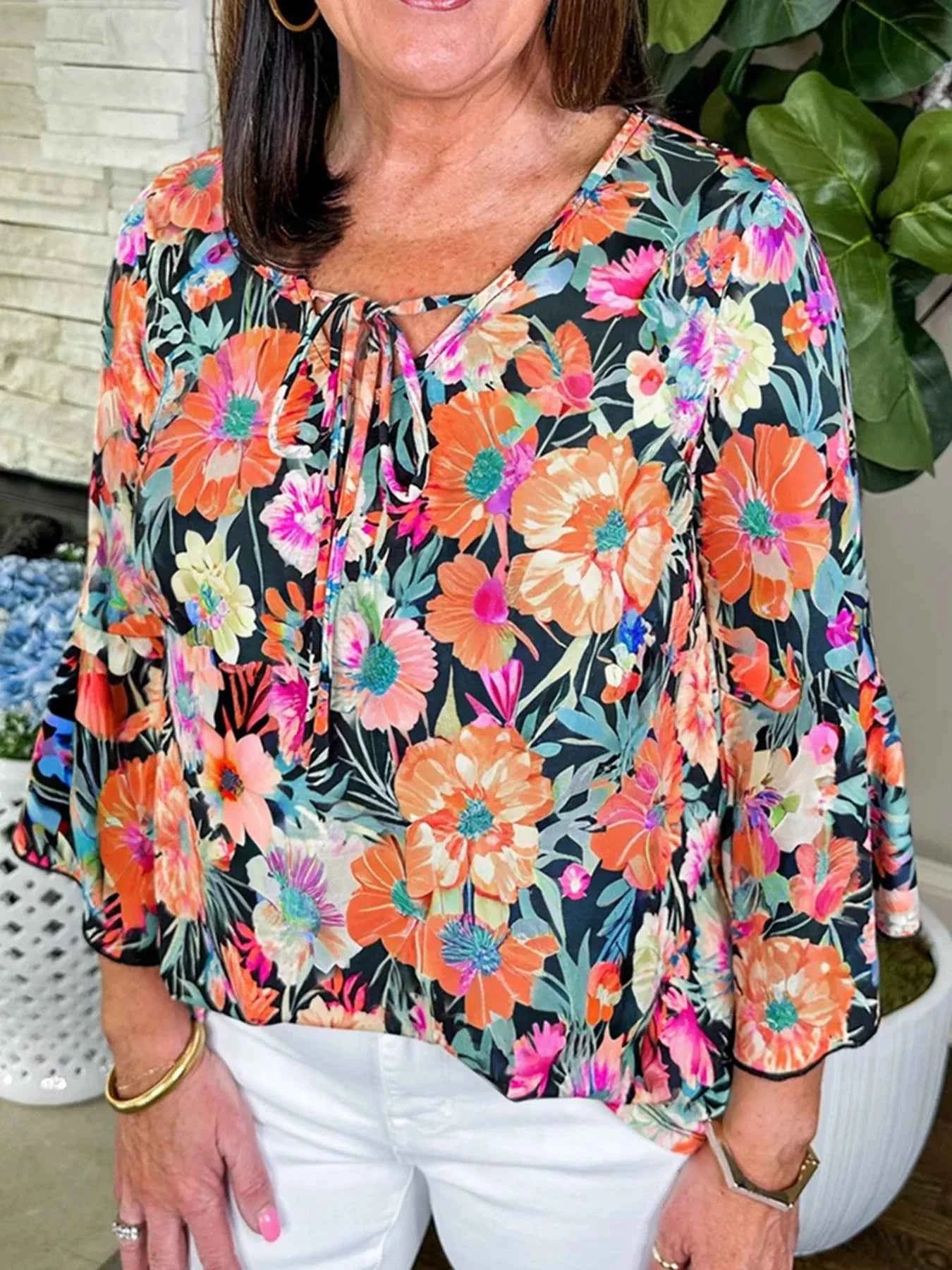 Floral 3/4 Flare Sleeve Tied Neck Blouse Floral 251dfd2a1d1d43fca6c5b56a96ded7a9-Max-Origin