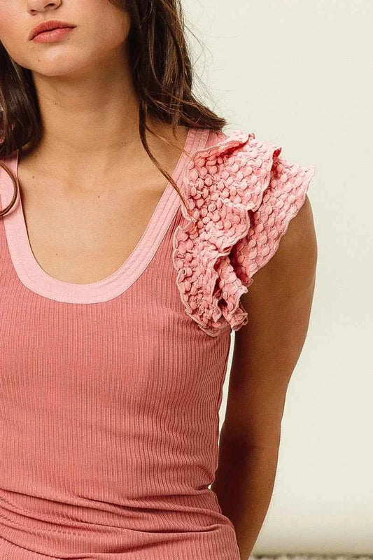 Rib Knit With Textured Ruffled Top 251e8b9e947e43898dd44769e06b8a3a-Max-Origin