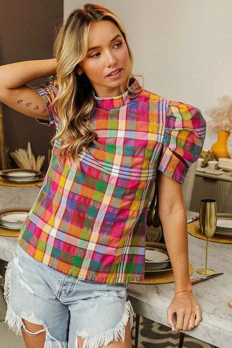 BiBi Short Puff Sleeve Washed Vintage Plaid Top 2520c7533335445884c211c4eeaa3a64-Max-Origin