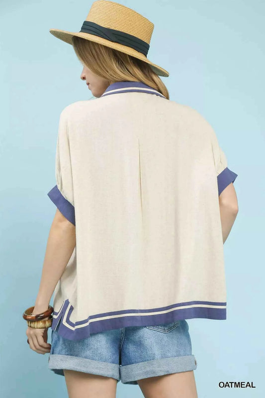 Linen Button Front Top with Contrast Piping 2521c8d1-fc1b-46a7-98a0-8138d56ce1dc-Max-Origin
