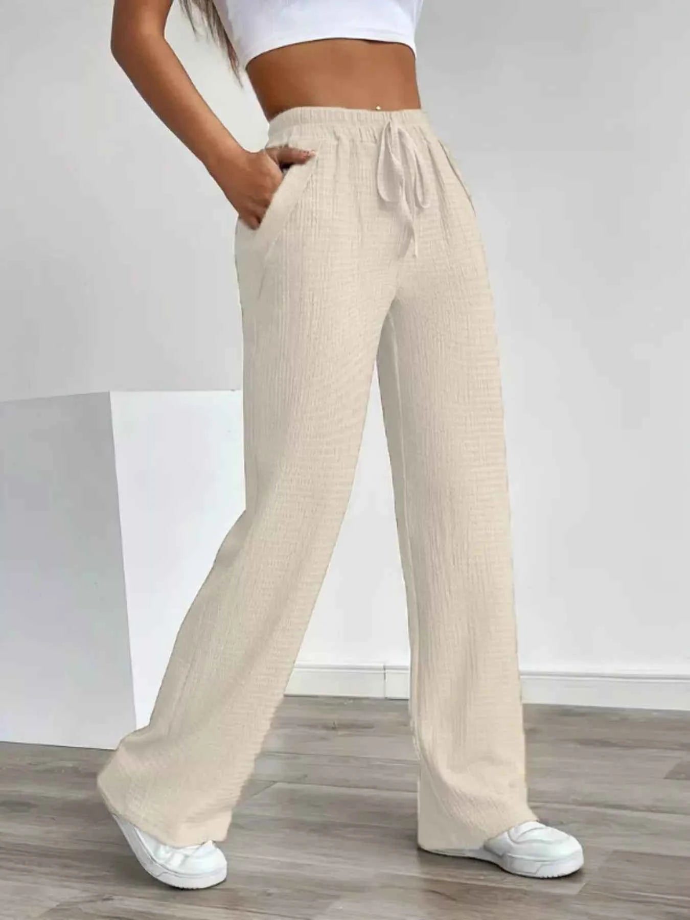 Texture Wide Leg Pants Apricot 25226f4a0f154437ae67a59eea3f7b7d-Max-Origin