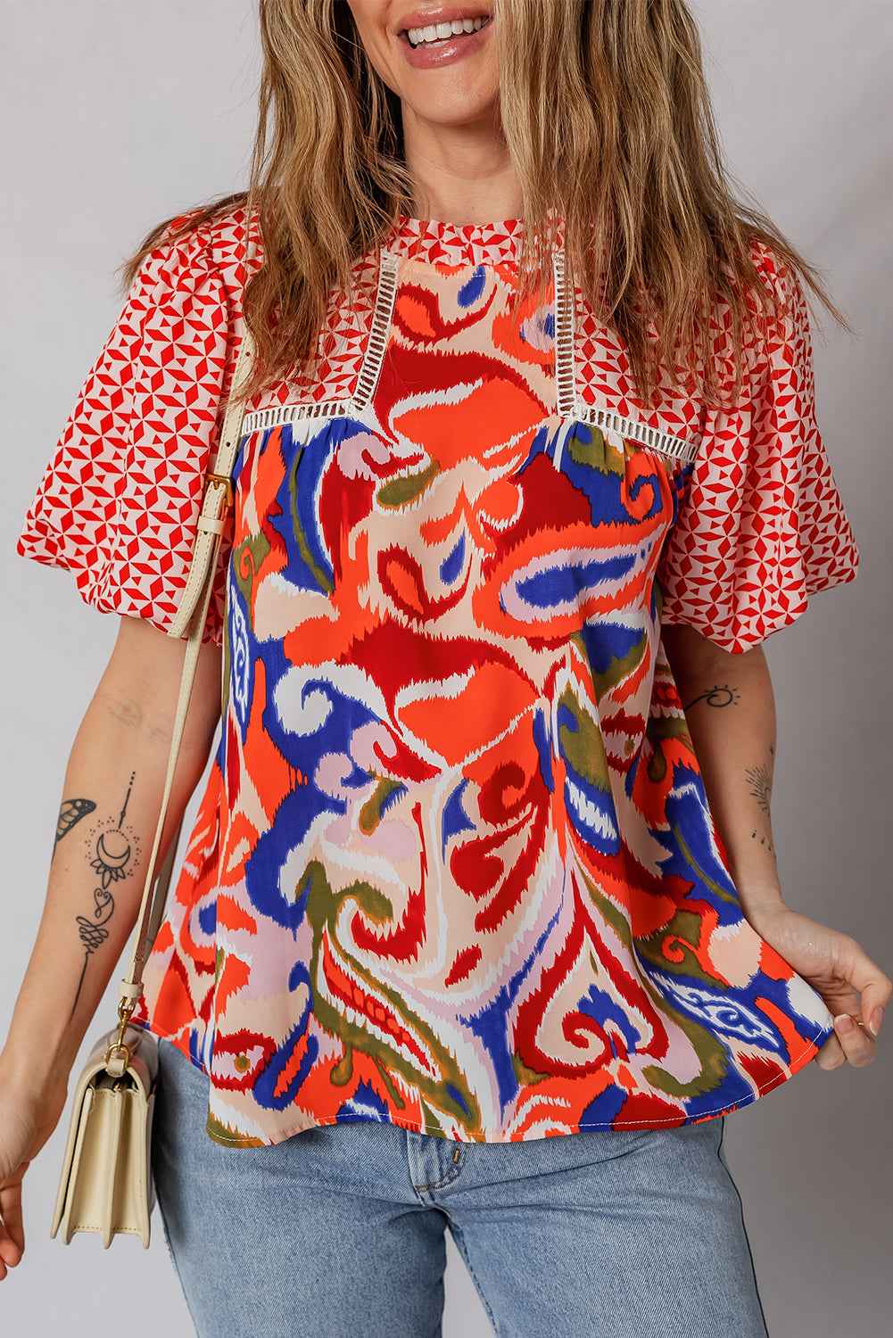 Red Paisley Geometric Mixed Print Patchwork Puff Sleeve Blouse Top Red 100%Polyester 25249064044938dc
