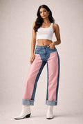 Low Rise Cuffed Jeans with Pink Vinyl Croc Panels Pink 25260156_622885fc-4581-4c7a-ba3f-928e4876b732