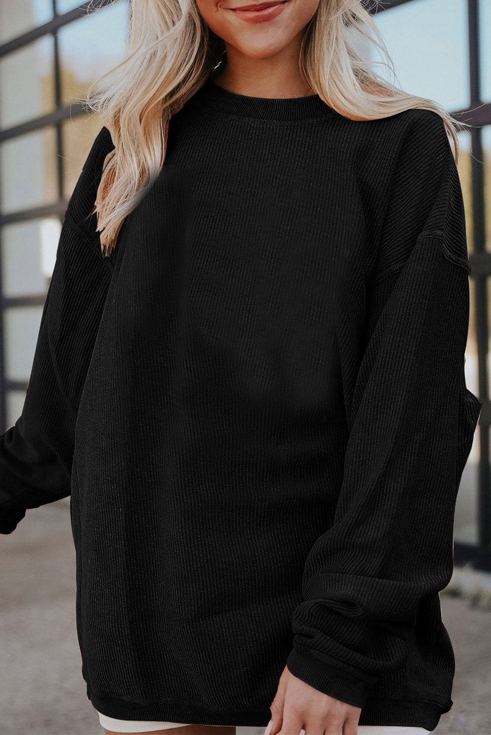 White Drop Shoulder Rib Knit Oversized Sweatshirt Black 100%Polyester 2534bf5d30f99646