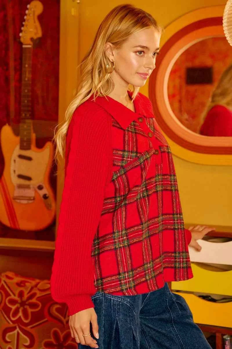 BiBi Plaid Buttoned Collared Top with Sweater Sleeve 2538c7d0550847209049adb2f7390731-Max-Origin