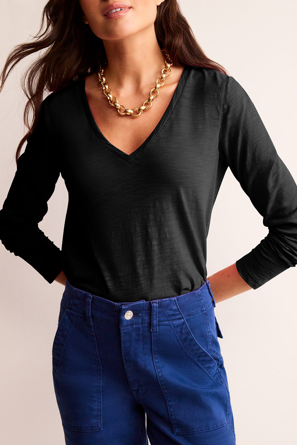White Plain V Neck Long Sleeve Top Black 65%Polyester+30%Viscose+5%Elastane 253f7cd67b7719f6