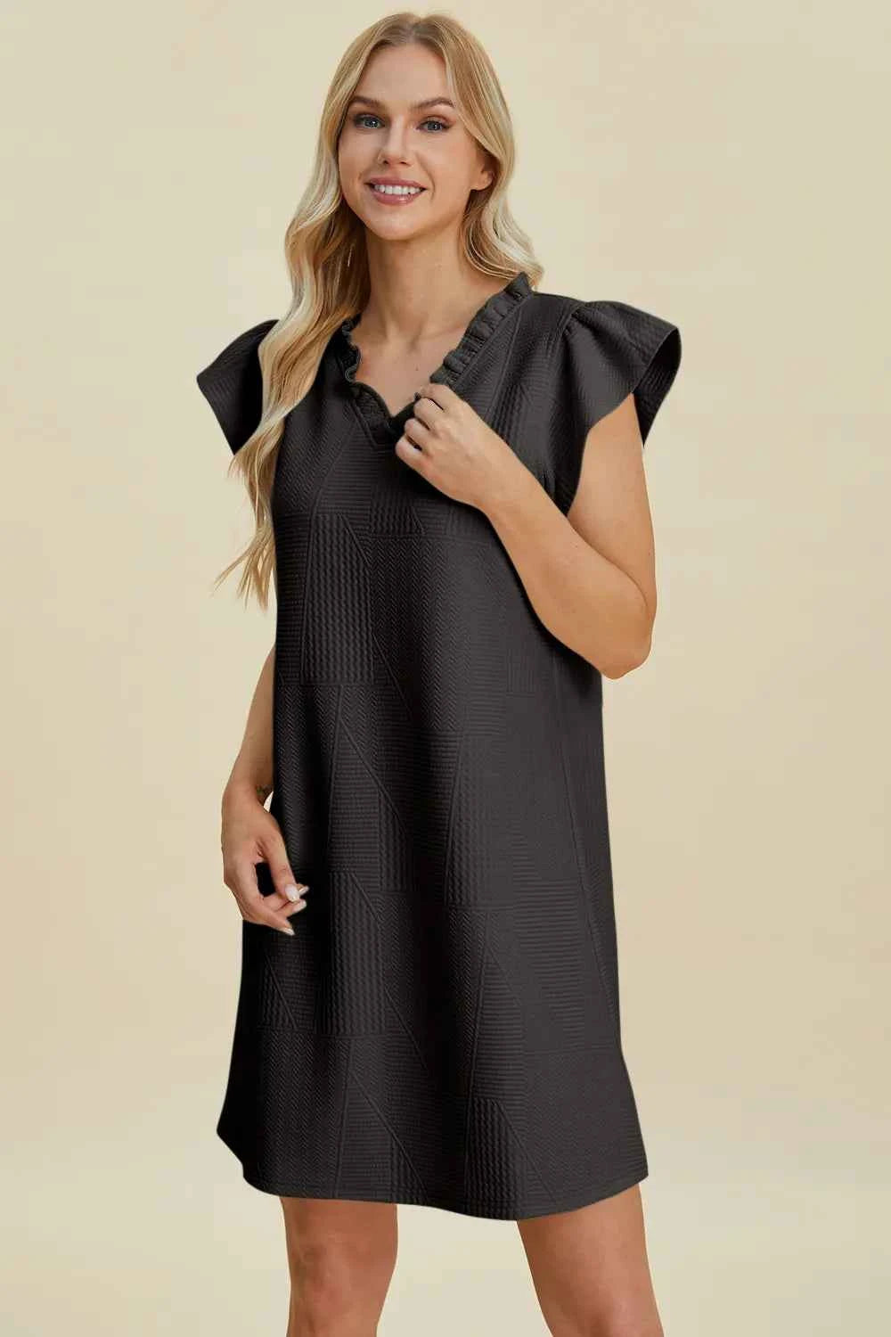 Double Take Full Size Ruffled V-Neck Cap Sleeve Dress 2541ea20-c956-4365-9f47-c963ee7d4ba1-Max