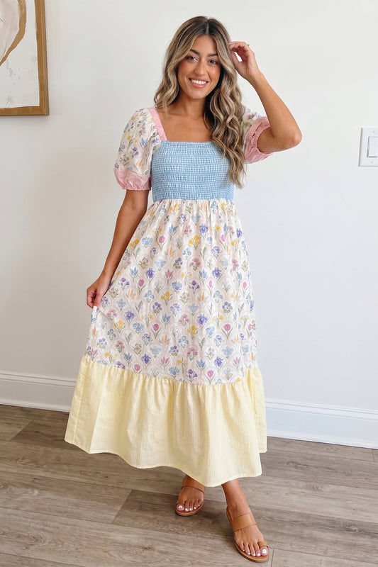 Multicolour Floral Print Striped Color Block Patchwork Square Neck Shirred Long Dress