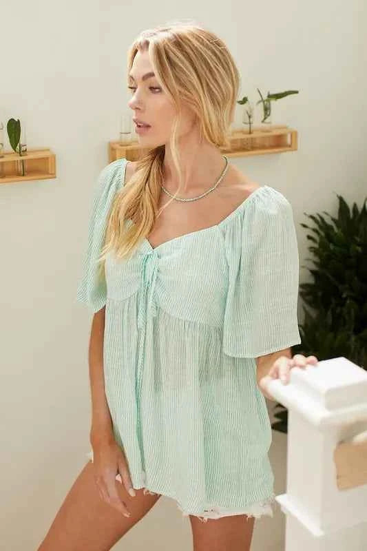 Lime 'N' Chili Thin Striped with Tie Front Babydoll Top 2542976364e44bf9bf4167554ed50247-Max-Origin
