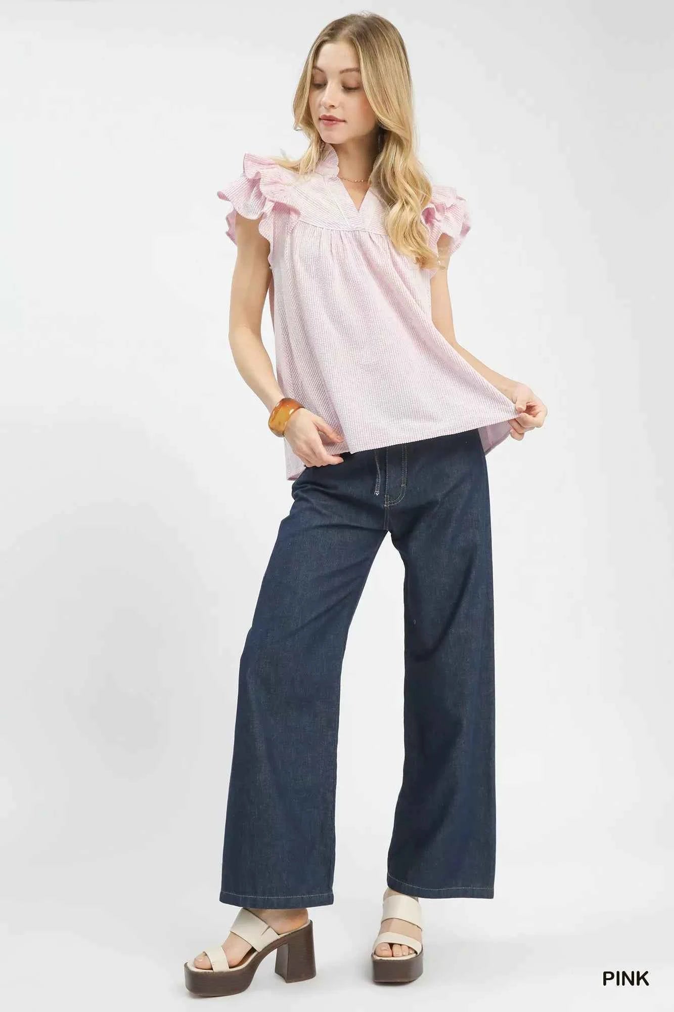 Umgee Ruffled Sleeve Textured Blouse 25441cb5-b4c9-4d19-8b1a-35cee5a53b06-Max-Origin