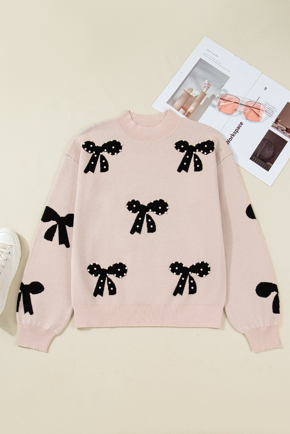 Smoke Gray Pearl Embellished Bow Pattern Loose Sweater 254b3cf7eea39cfe