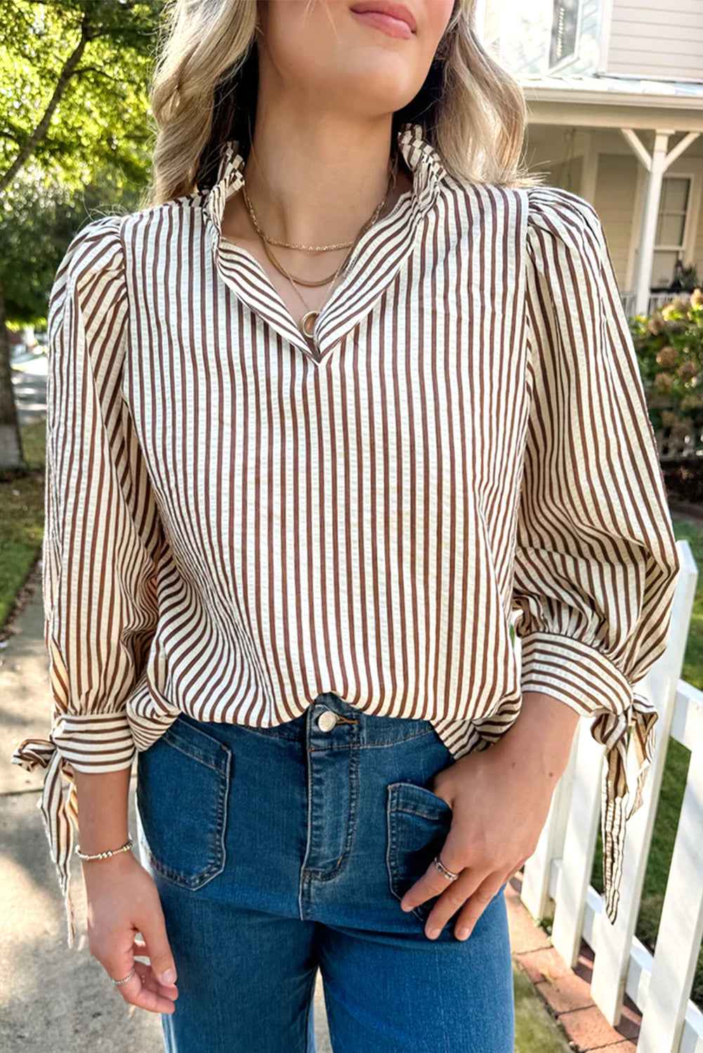 Straw Yellow Striped Frill V Neck Knot Bracelet Sleeve Blouse Straw Yellow 50%Polyester+50%Cotton 254c07c93d708647
