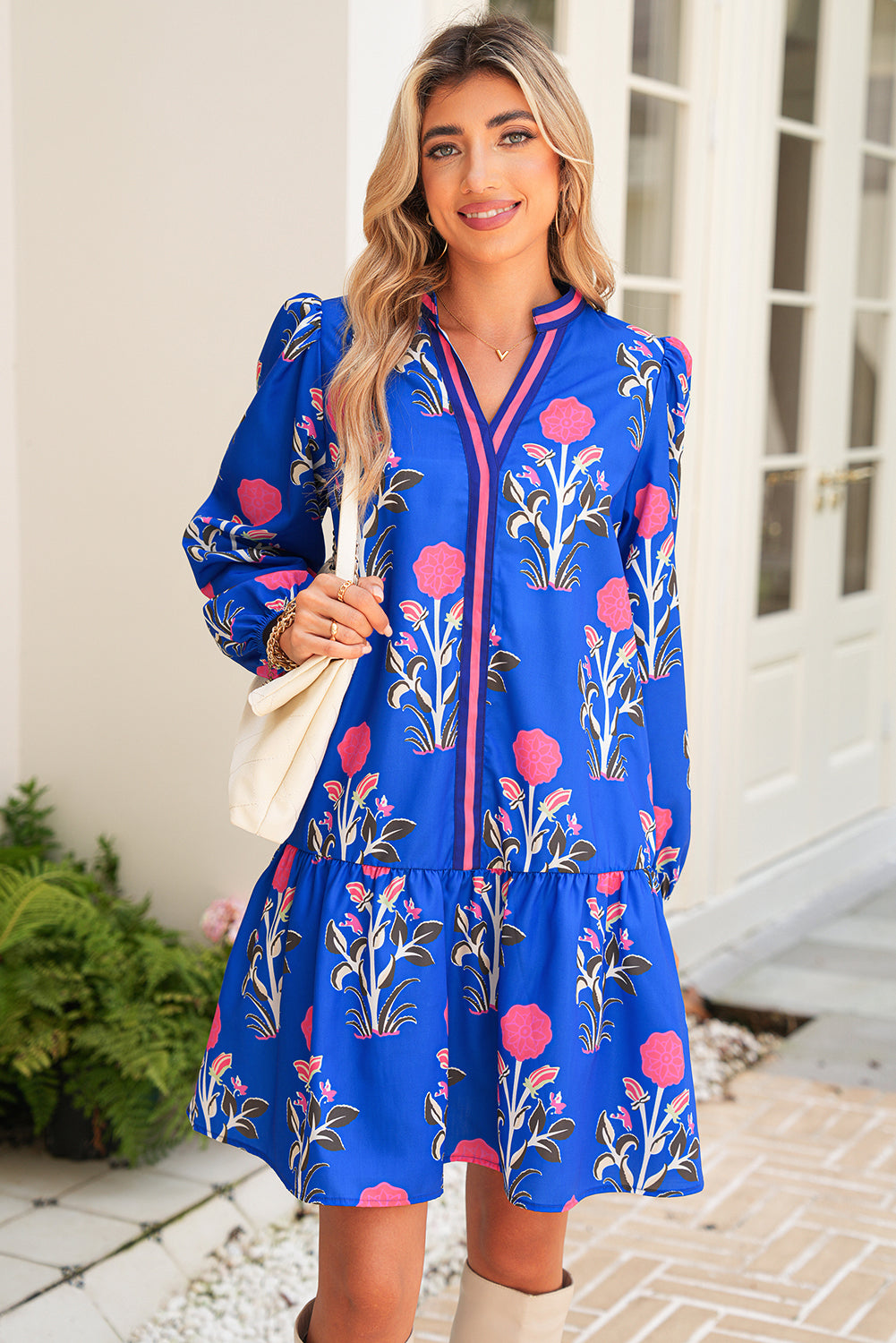 Sky Blue Floral Print Pop of Color V Neck Mini Dress 25516fa256ff1b79