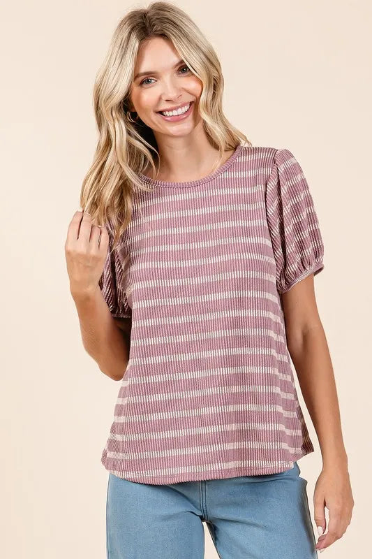Contrast Striped Short Puff Sleeve Knit Top 25548e90-7a16-47f9-af45-c21f79d73ed4-Max