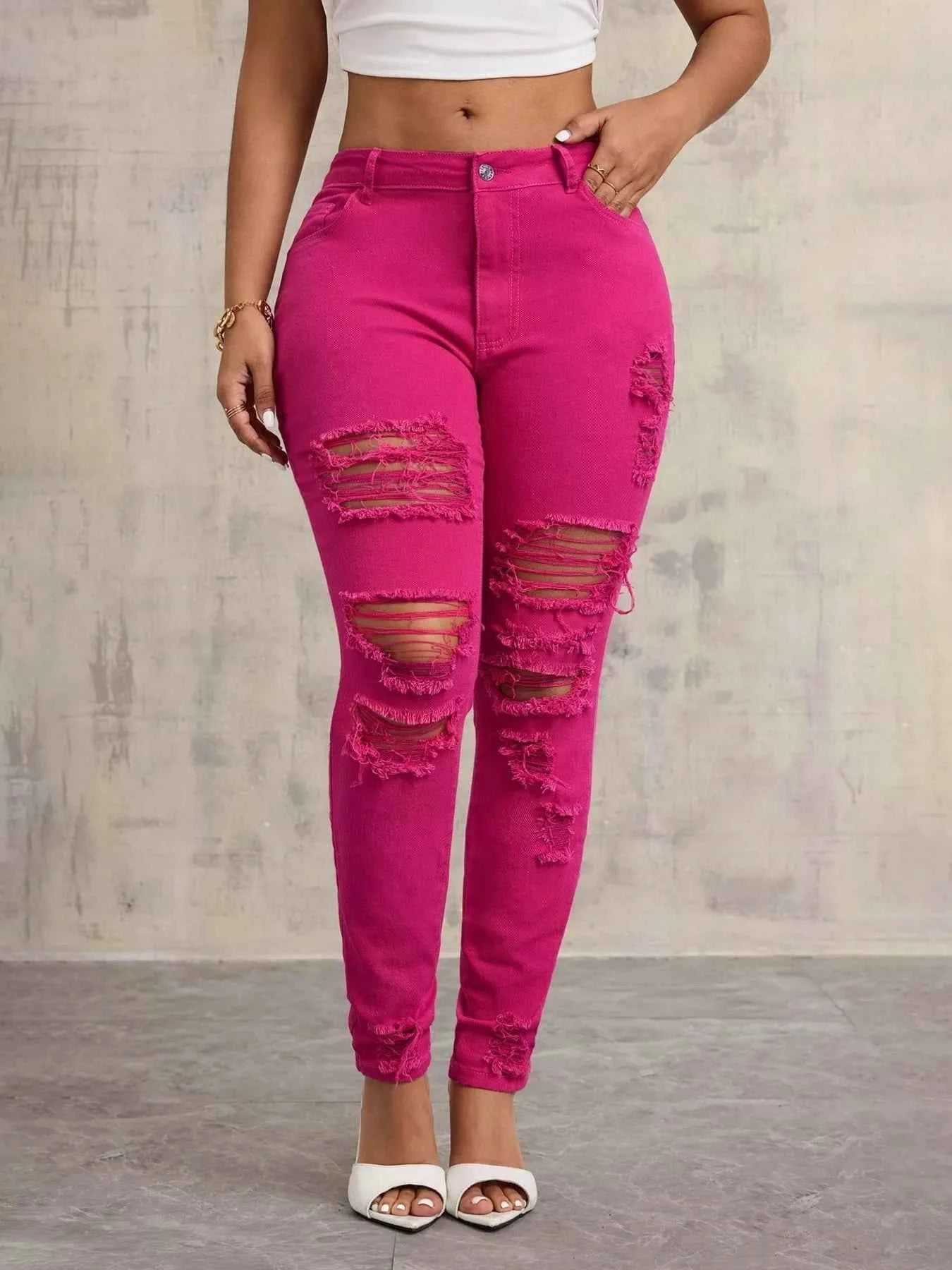 High-Waisted Distressed Skinny Jeans Fuchsia Pink 255541427cc1417d84feed53feb8ef61-Max-Origin