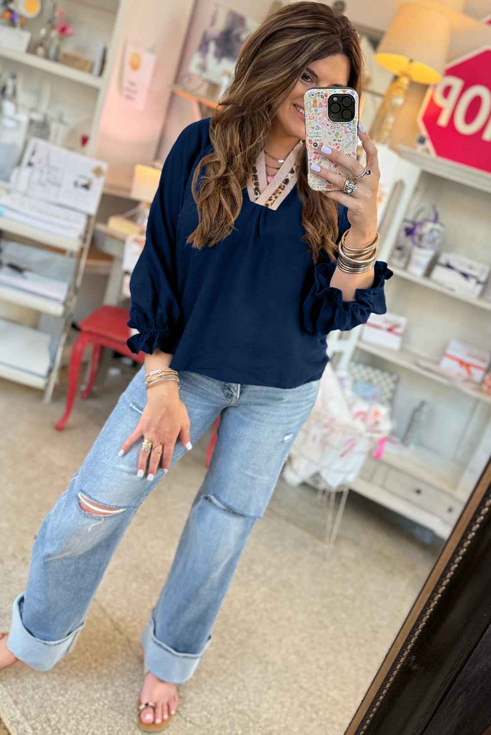 Dirty blue Leopard Trim V Neck Flounced Bracelet Sleeve Blouse 255a0faedfd8027d