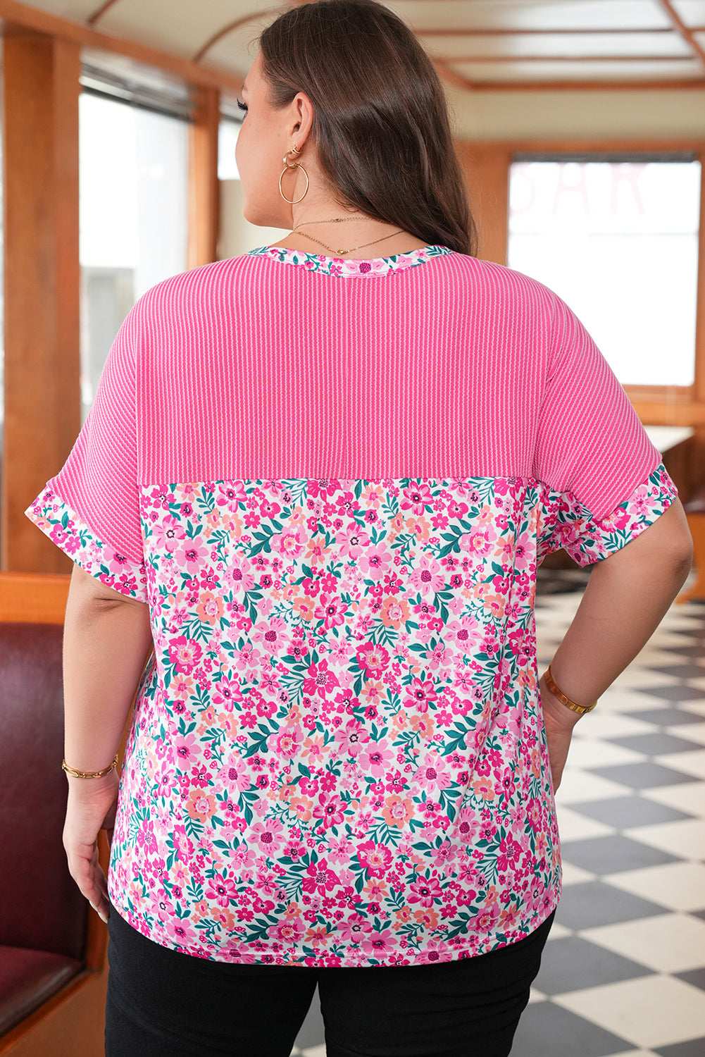 Pink Plus Size Floral Print Corded Patchwork Loose Top 255e541fec7b0374-_2