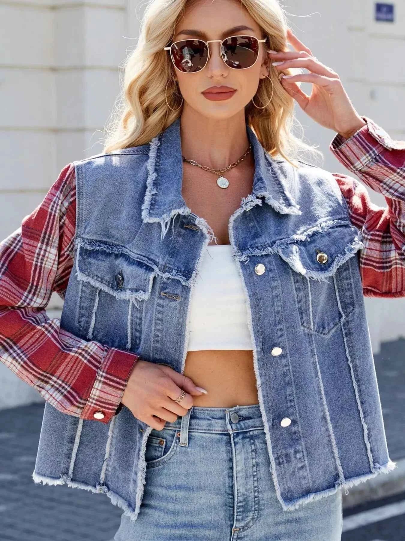 Raw Hem Plaid Sleeve Denim Jacket 256075a2370c4c6e83c5de57efb35166-Max-Origin