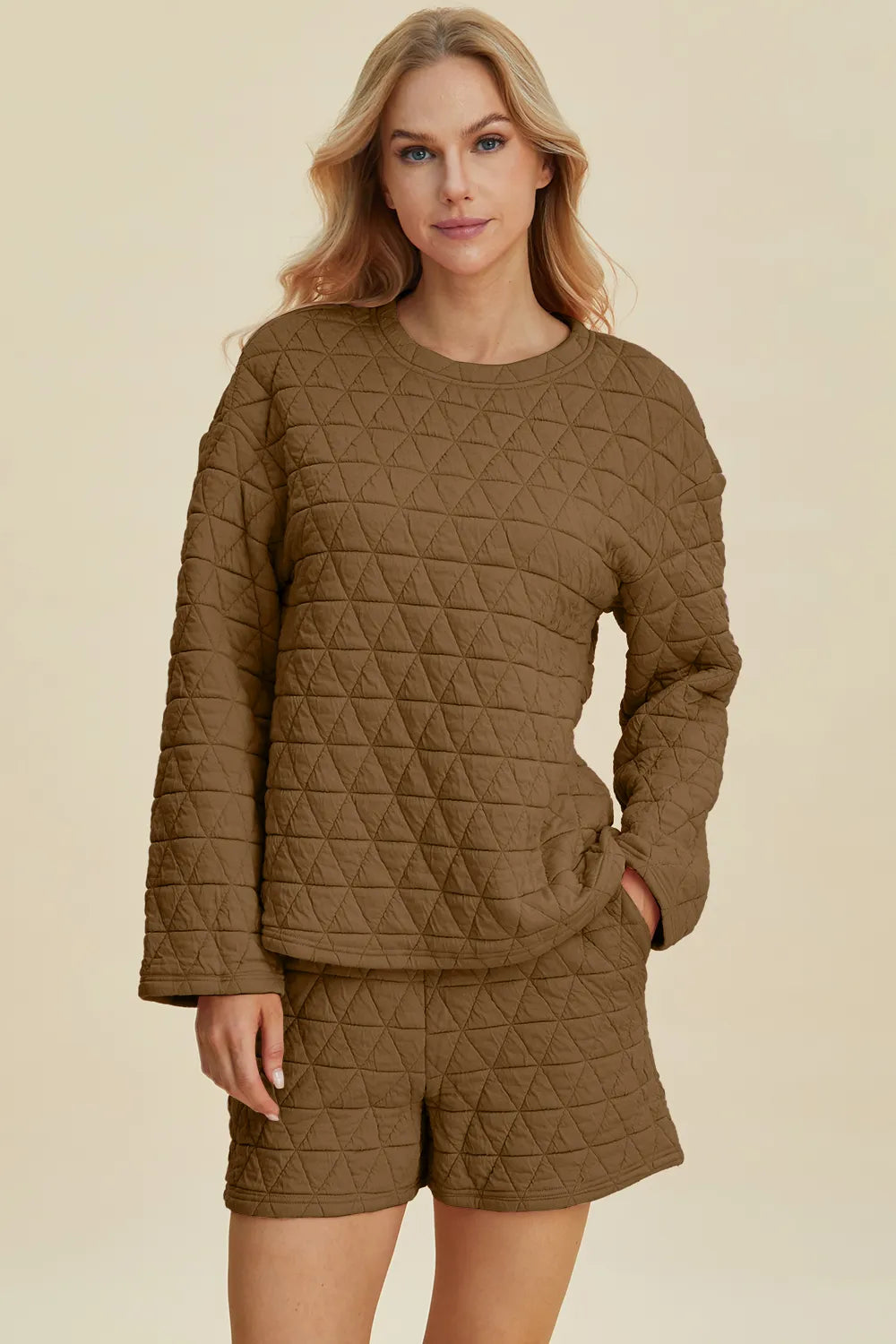 Double Take Full Size Texture Round Neck Long Sleeve Top and Shorts Set Coffee Brown 25620b2b-70df-4a3d-91d8-05420ae6a146-Max