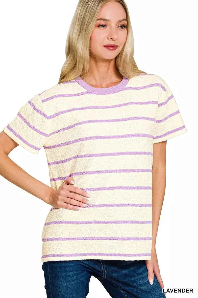 Zenana Textured Striped Crew Neck T-Shirt LAVENDER 256432873c8f487897d83526251d33c6-Max-Origin