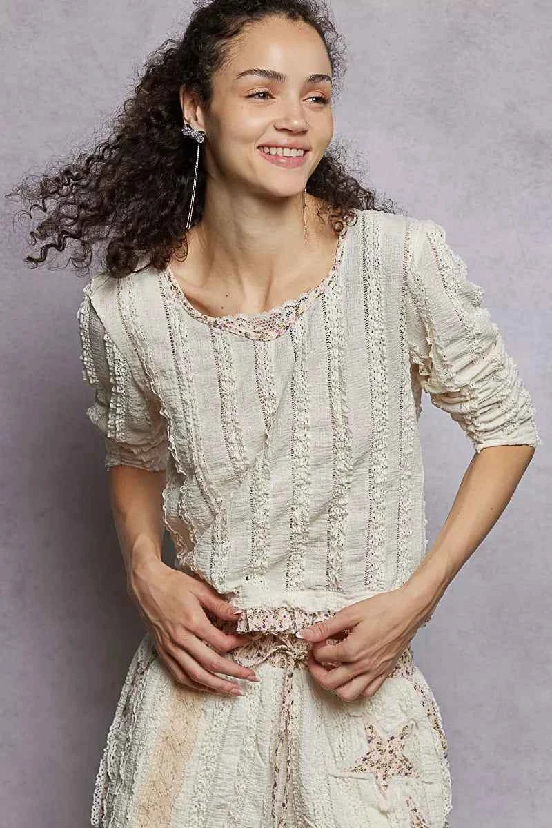 POL Texture Long Sleeve Blouse with Floral Ruffled Cream 25660546-96ec-4e9e-9cf5-3c123d399c0d-Max-Origin