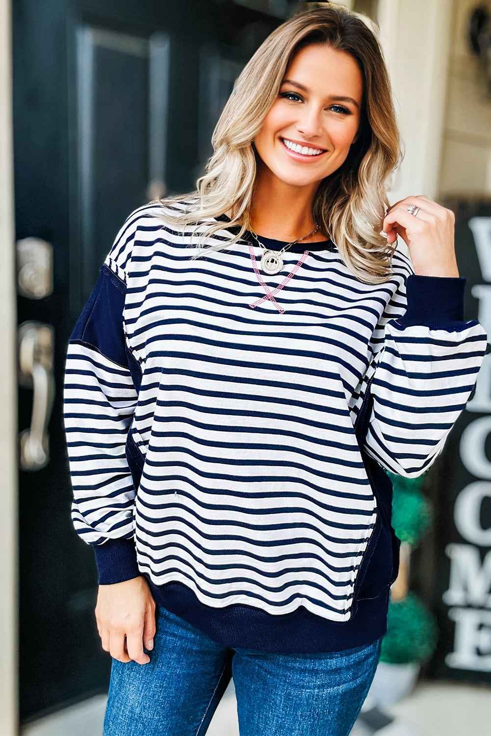 Blue Stripe Contrast Stitched Detail Color Block Patchwork Plus Size Sweatshirt 2567c0c78a2780c1