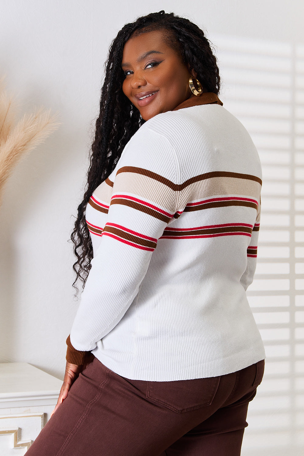 Basic Bae Striped Collared Neck Rib-Knit Top 2570d79452054f63bdb2365e32f4a987-Max