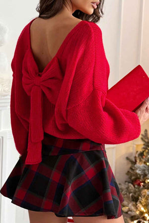 Bright Green Bow Backless Bubble Sleeve Sweater Fiery Red 65%Acrylic+35%Polyamide 25731972bd7cc108