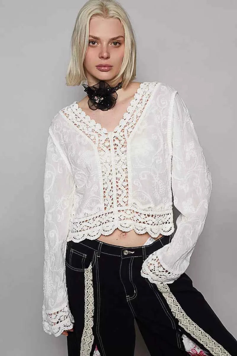 Long Sleeve Cropped Crochet Top with Floral Embroidery Detail White One Size 257a5bc0-e86d-41c5-a692-a8a6f30d37fd-Max-Origin