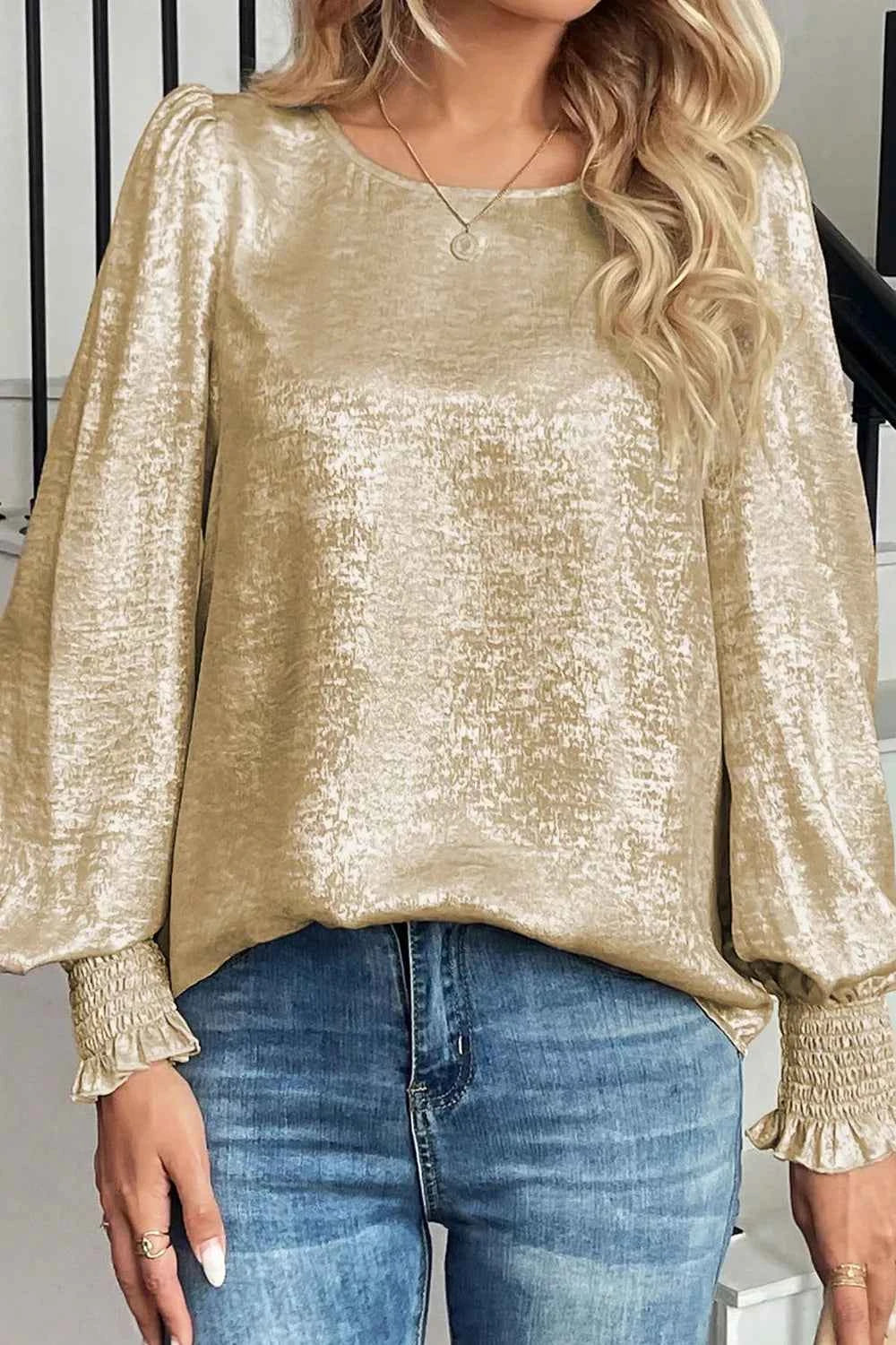 Round Neck Lantern Sleeve Blouse 257b9008-0e01-49b2-889a-c64ae6bf93ab-Max-Origin