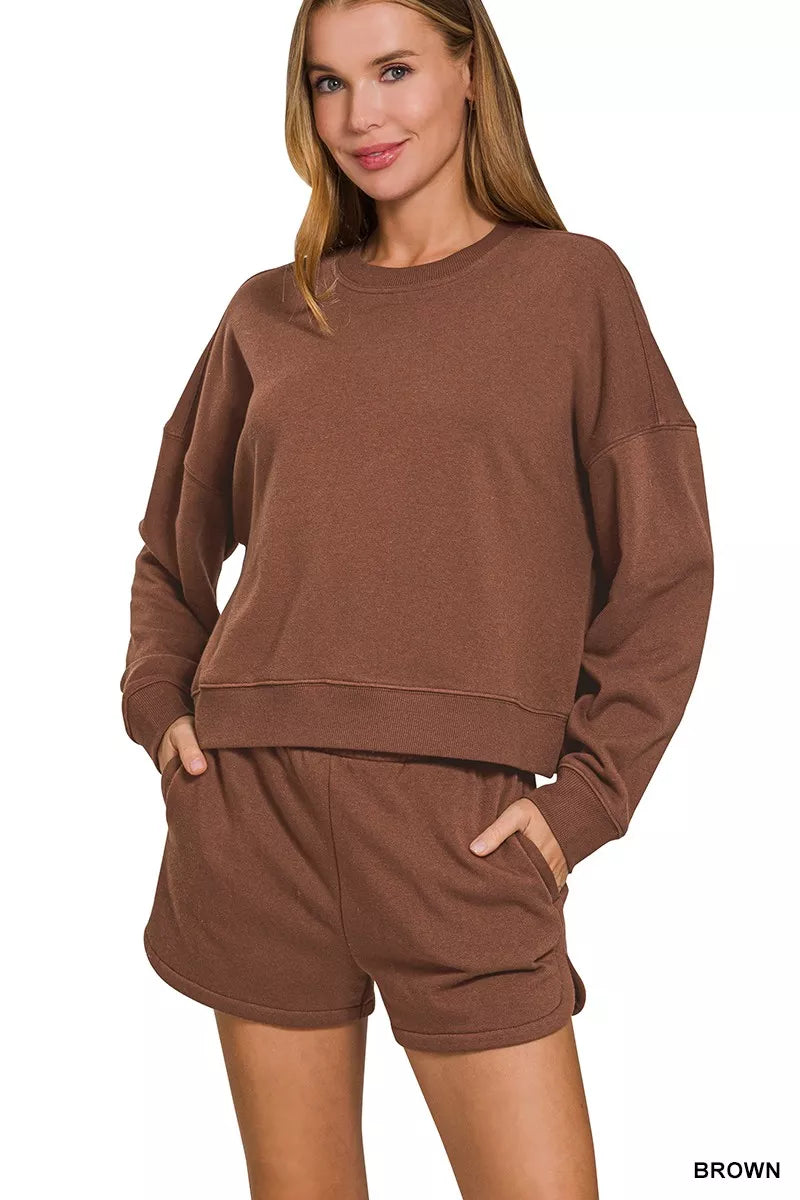 Zenana Fleece Long Sleeve Sweatshirts and Shorts Set BROWN 2583ee65be7d4952a8ede97dc3574e31-Max-Origin
