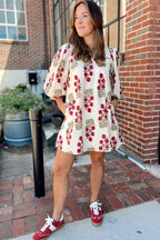 White Floral Print V Neck 3/4 Sleeve Loose Mini Dress 2584d96aad780564
