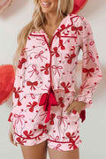 Red Bow Colorblock Long Sleeve Knot Pajama Set Red 100%Viscose 2584ed612c30ccc3