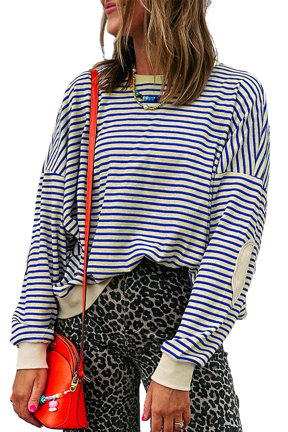 Blue Stripe Textured Elbow Patched Crew Neck Drop Shoulder Sweatshirt 2586ce7460a02c1d