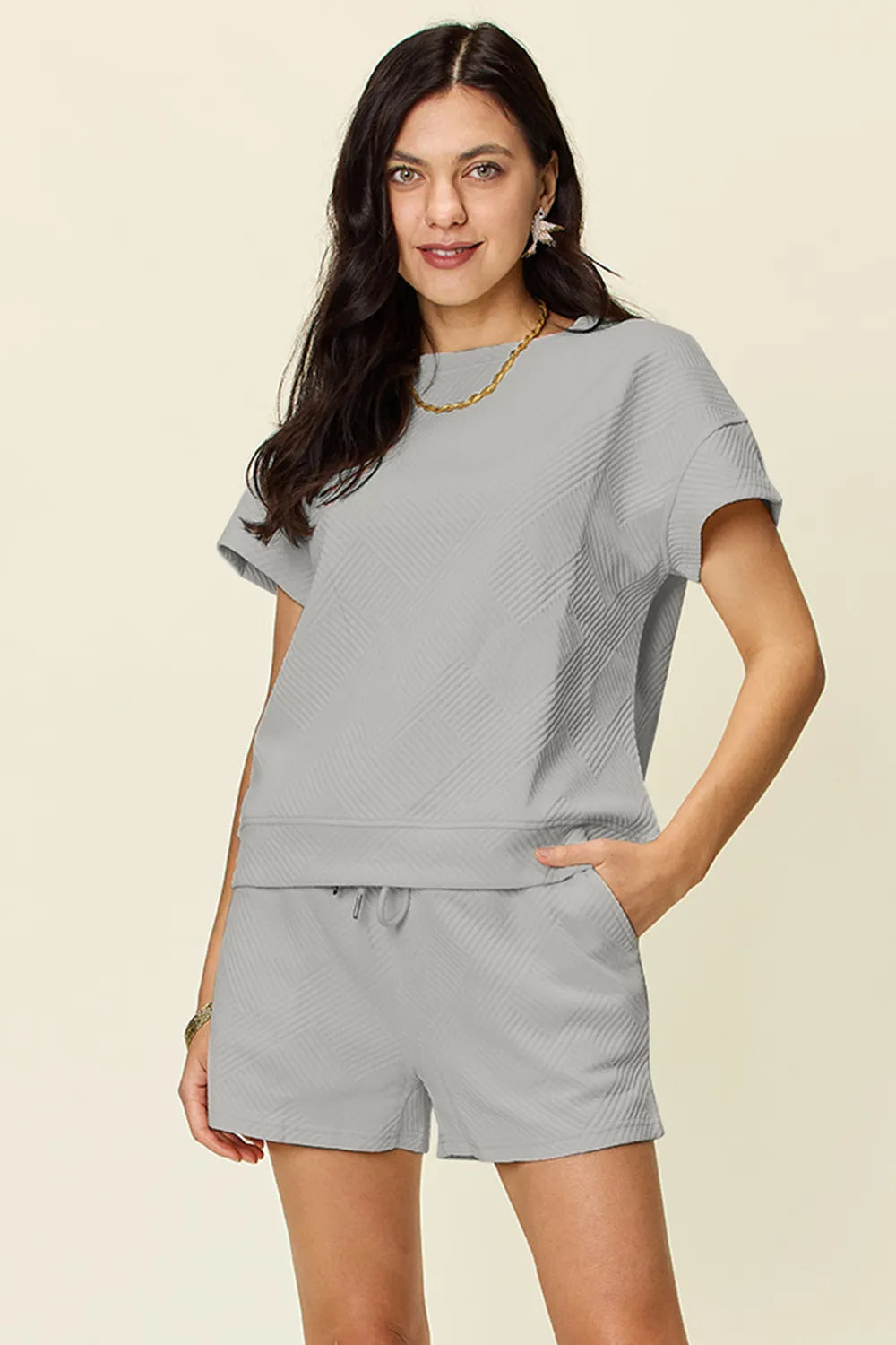 Double Take Full Size Texture Short Sleeve T-Shirt and Drawstring Shorts Set Light Gray 259036ed-c98e-4b29-8760-81d963ac9c06-Max