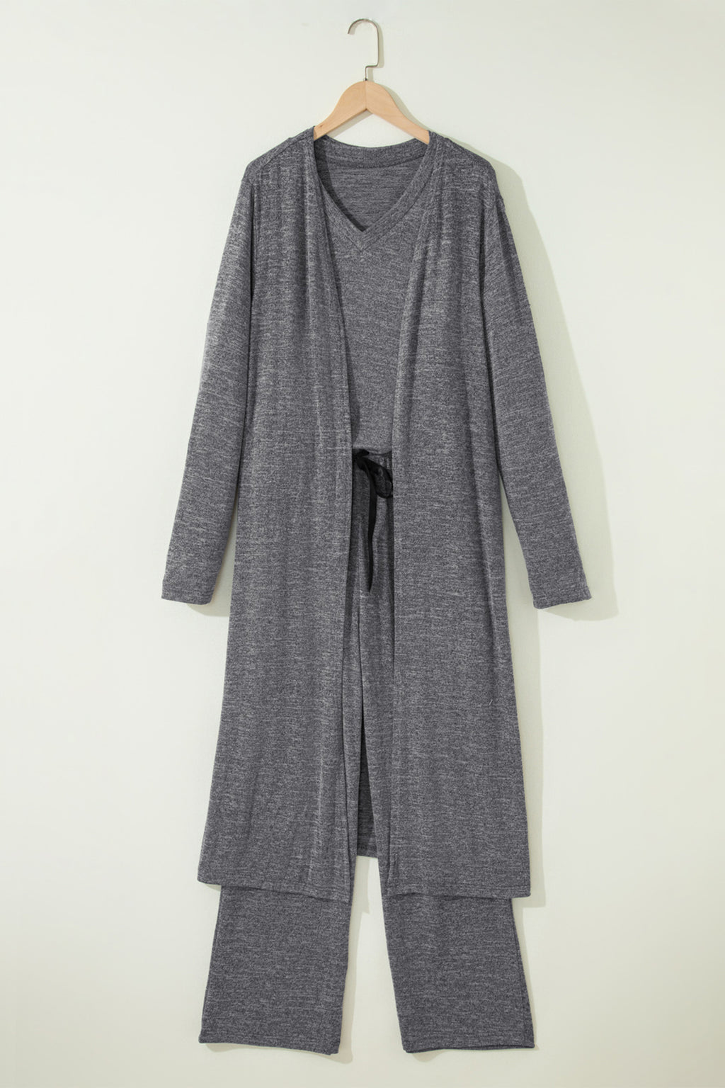 Dark Grey 3pcs V Neck T Shirt Ribbon Knot Pants Open Duster 3pcs Lounge Set 2593ac80dc5eff00