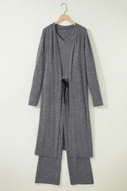 Dark Grey 3pcs V Neck T Shirt Ribbon Knot Pants Open Duster 3pcs Lounge Set 2593ac80dc5eff00