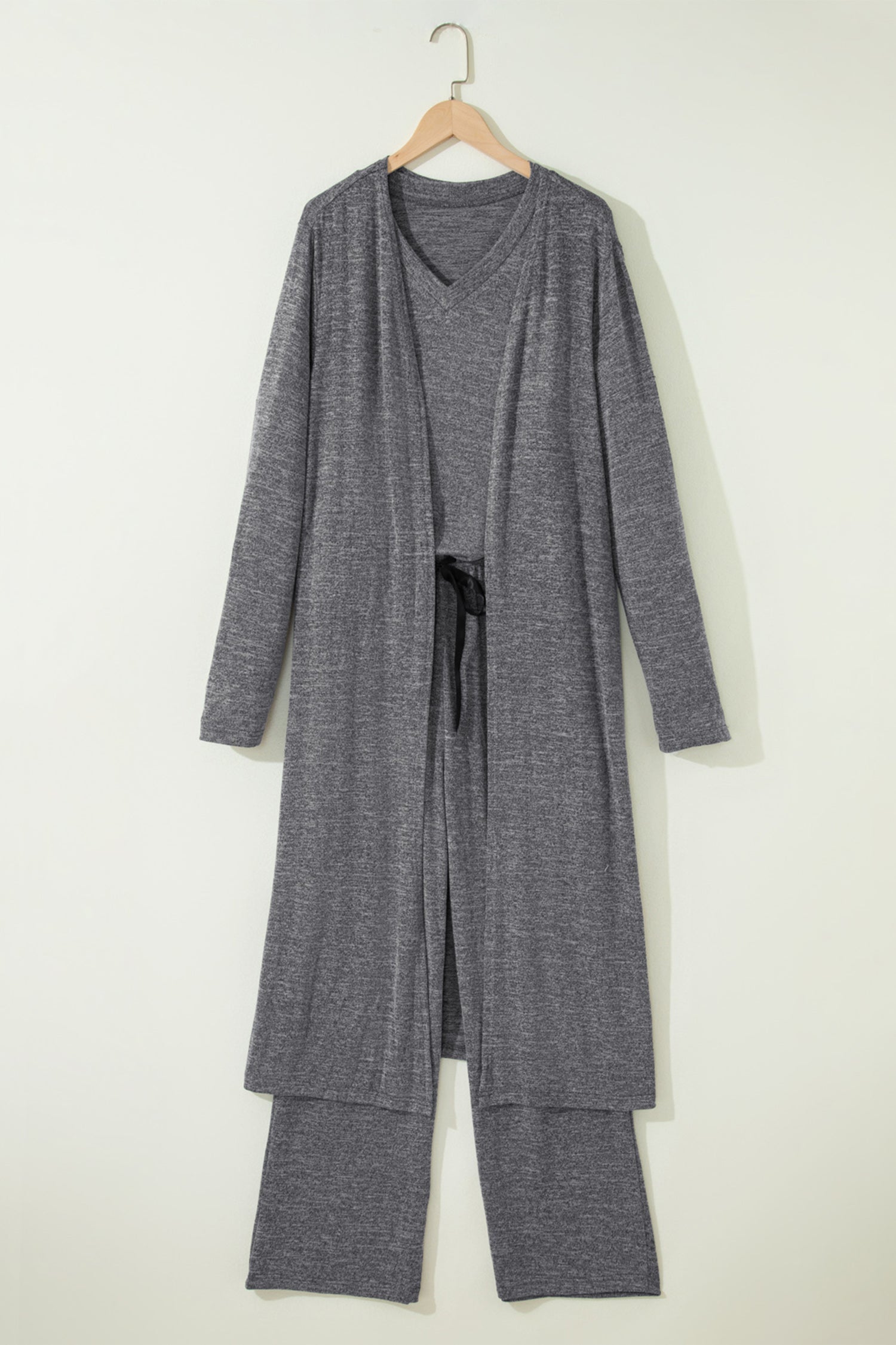Dark Grey 3pcs V Neck T Shirt Ribbon Knot Pants Open Duster 3pcs Lounge Set 2593ac80dc5eff00