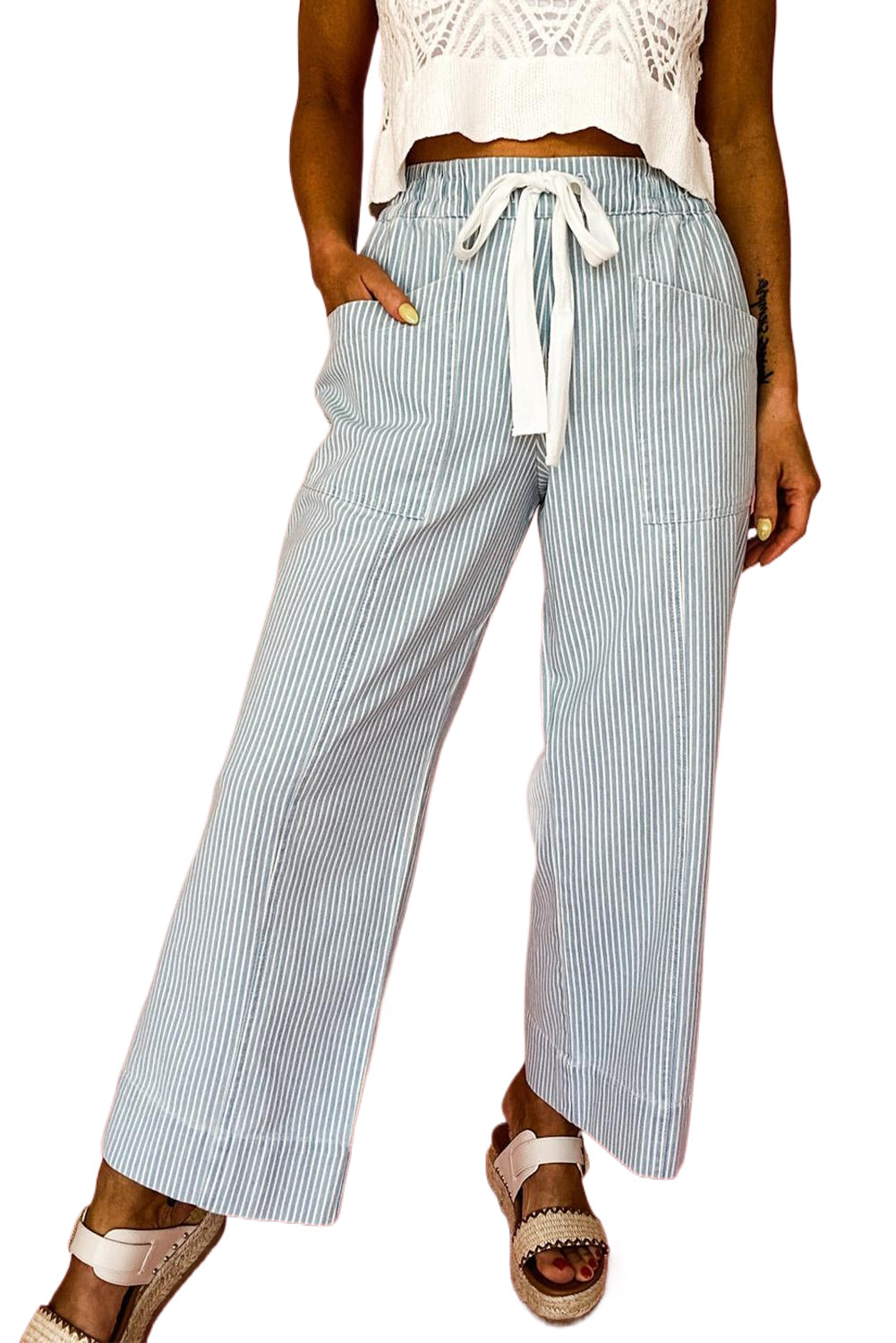 Sky Blue Striped Mid Rise Drawstring Waist Jeans 25944e10965fd8e7
