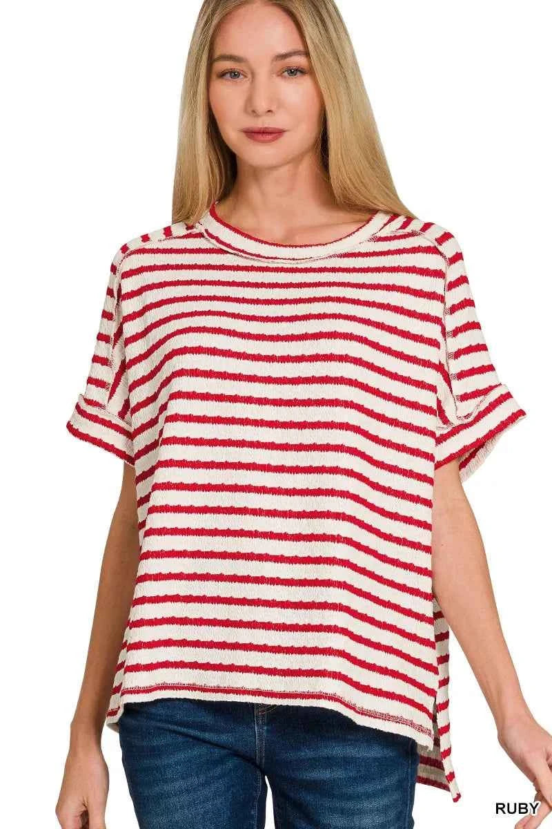 Zenana Stripe Jacquard Round-Meck Tee RUBY 2594c239b1be475280d702eef8cb8bc0-Max-Origin